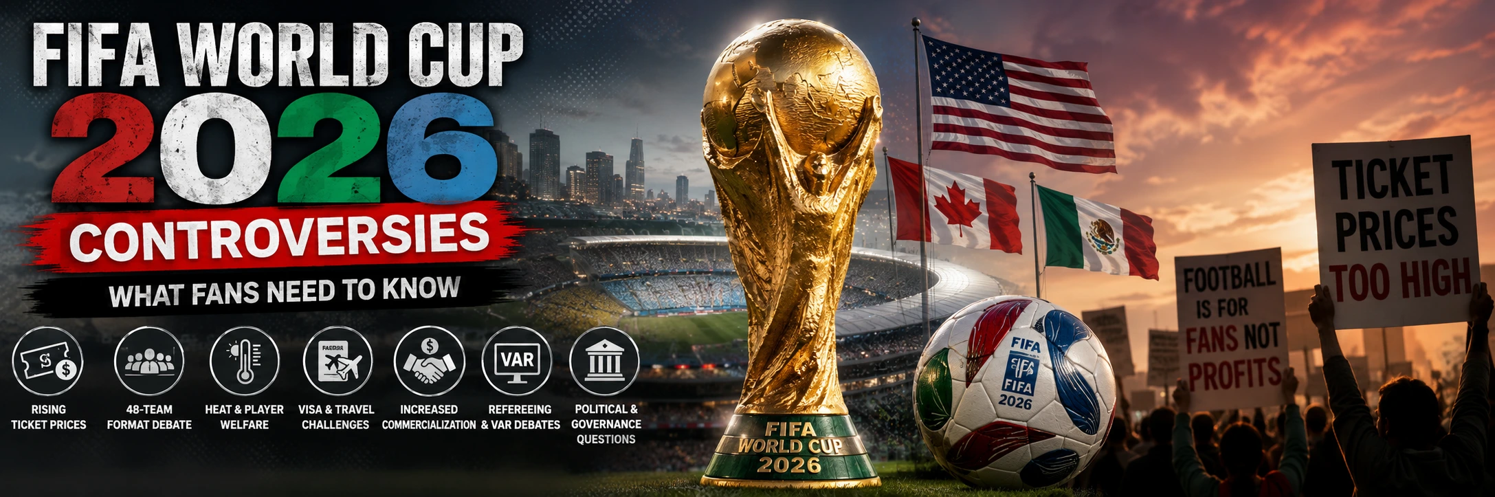 FIFA World Cup 2026 Controversies banner featuring the World Cup trophy, stadium, host nation flags, football, and fan protests highlighting ticket prices, 48-team expansion, player welfare, VAR, and governance debates.
