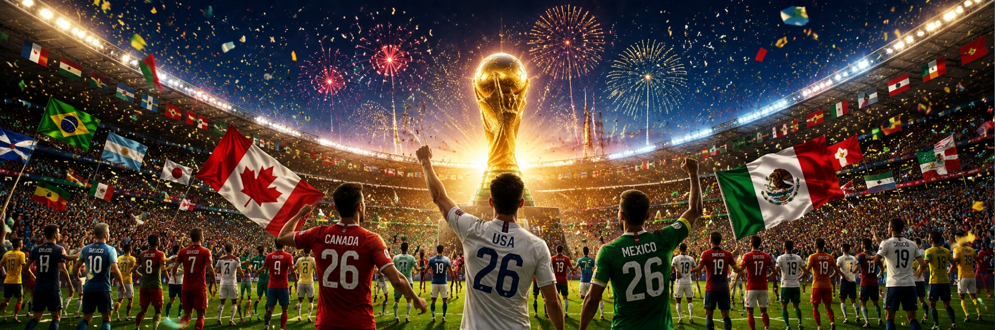 Packed football stadium celebrating FIFA World Cup 2026 milestones with record crowds, fireworks, international fans and historic tournament moments.