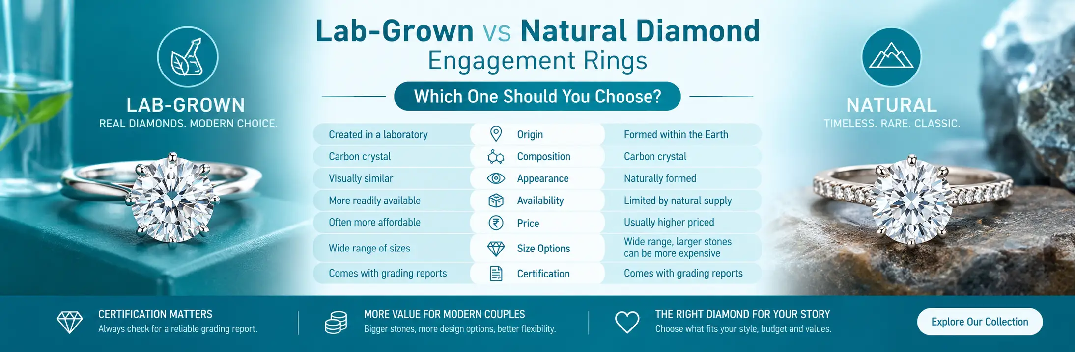 Lab-grown vs natural diamond engagement rings comparison showing differences in price, origin, availability, size and certification